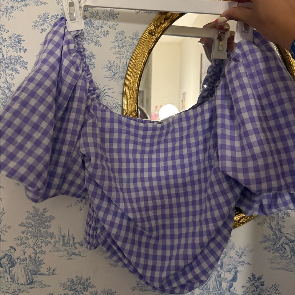 NEVER WORN - Purple Gingham Off-Shoulder Top